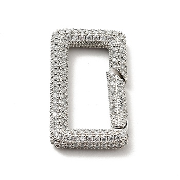Brass Micro Pave Clear Cubic Zirconia Spring Gate Rings, Cadmium Free & Lead Free, Rectangle, Platinum, 30x17x4mm