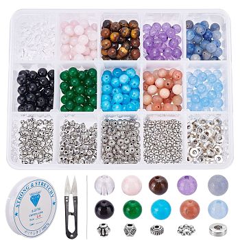 SUNNYCLUE 400Pcs 10 Style Natural & Synthetic Gemstone Beads, 500Pcs 5 Style Alloy Spacer Beads, 1Pc Elastic Crystal Thread & Beading Needles & Sharp Steel Scissors, 6~6.5mm, Hole: 0.8~!mm