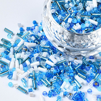 Glass Seed Beads, Mixed Style, Mixed Shapes, Dodger Blue, 1~7x2~4mm, Hole: 0.7~1mm, about 450g/pound