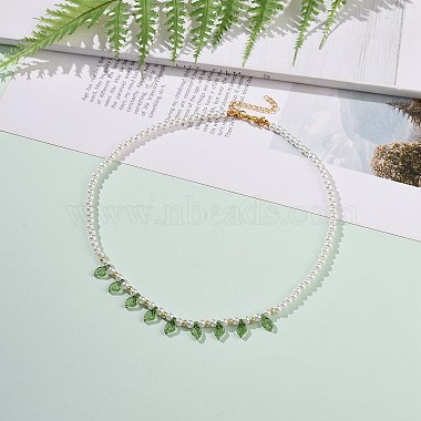Acrylic Leaf Charm Necklace with Imitation Pearl Beaded for Women(NJEW-JN04138)-2
