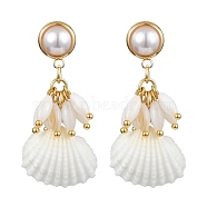 Alloy Dangle Stud Earrings, Natural Shell & Pearl Cluster Earrings, Golden, 40~44x20~21mm(EJEW-TA00333)