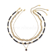 3Pcs 3 Style Natural Obsidian & Synthetic Hematite Beaded Necklaces Set, Alloy Enamel Heart Pendant Necklace, Brass Link Chain Jewelry for Women, Golden, 15.55~17 inch(39.5~43.2cm), 3Pcs/style(NJEW-JN04033)