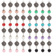 Elite Glass Pearl & ABS Plastic Imitation Pearl Round Pendants and Tibetan Style Findings, Rose, Antique Silver, Mixed Color, 30mm, Hole: 2mm, 8pcs/set, 4 sets/box(FIND-PH0008-86)