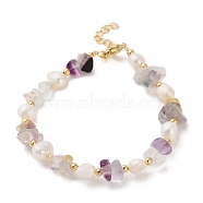 Natural Fluorite Chip Beaded Bracelets for Women, with Natural Freshwater Pearls and Brass Findings, Inner Diameter: 7-1/2 inch(19cm)(BJEW-F478-02E)