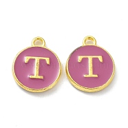 Golden Plated Alloy Enamel Charms, Cadmium Free & Lead Free, Enamelled Sequins, Flamingo, Flat Round with Letter, Letter.T, 14x12x2mm, Hole: 1.4mm(ENAM-XCP0001-13T)