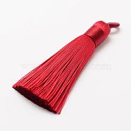 Polyester Tassel Big Pendant Decorations, Ice Silk Tassel, Red, 60~67x8mm, Hole: 5x7mm(FIND-P022-10)