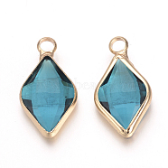 Glass Pendants, with Brass Findings, Faceted, Rhombus, Nickel Free, Raw(Unplated), Dodger Blue, 18x10x4.5mm, Hole: 2mm(GLAA-S150-016)