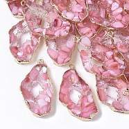Resin Pendants, Imitation Geode, with Shell and Edge Light Gold Plated Iron Loops, Nuggets, Pink, 39x20x5mm, Hole: 1.8mm(X-RESI-S383-023E)