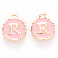 Golden Plated Alloy Enamel Charms, Cadmium Free & Lead Free, Enamelled Sequins, Flat Round with Letter, Pink, Letter.R, 14x12x2mm, Hole: 1.5mm(X-ENAM-S118-07R)