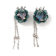 Polymer Clay Rhinestone Beads, with Glitter, Resin & Acrylic & Glass Cabochon & Alloy Chain, Rose with Crown & Fishtail, Teal, 60~69mm(CLAY-H003-02P-01)