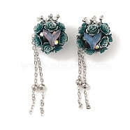 Handmade Polymer Clay Rhinestone Beads, with Glitter, Resin & Acrylic & Glass Cabochon & Alloy Chain, Rose with Crown & Fishtail, Teal, 60~69mm(CLAY-H003-02P-01)