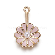 Alloy Enamel Pendants, with Acrylic Imitation Pearl, Flower, Light Gold, Pink, 26x16x5mm, Hole: 1.4mm(ENAM-N047-H01)