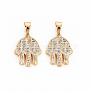 Brass Micro Pave Clear Cubic Zirconia Pendants, Nickel Free, Hamsa Hand/Hand of Miriam, Real 18K Gold Plated, 16x12.5x2mm, Hole: 3x2mm(KK-S364-266)