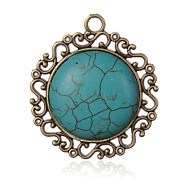 Flat Round Antique Bronze Plated Alloy Synthetic Turquoise Pendants, Nickel Free, 41x37x6mm, Hole: 3mm(PALLOY-F071-01AB-NF)