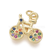 Brass Micro Pave Cubic Zirconia Charms, with Jump Rings, Bicycle, Colorful, Golden, 11x11.5x2mm, Hole: 2.5mm(X-ZIRC-I032-67G)