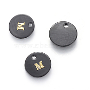 Freshwater Shell Charms, with Gold Blocking Letter, Dyed, Flat Round, Black, Letter.M, 11x1.5mm, Hole: 1.5mm(SHEL-S253-16M)