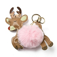 Imitation Rex Rabbit Fur & PU Leather Christmas Reindeer Pendant Keychain, with Alloy Clasp, for Bag Car Pendant Decoration, Pink, 15cm(KEYC-K018-02KCG-02)