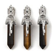 Natural Tiger Eye Pointed Pendants, Faceted Bullet Charms, with Rack Plating Platinum Plated Brass Fairy, 24x13mm, Hole: 5x8mm(G-Z033-15P-02)