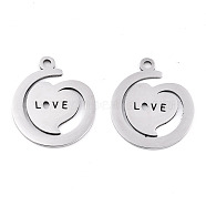 Valentine's Day 201 Stainless Steel Pendants, Laser Cut, Heart with Word Love, Stainless Steel Color, 19.5x17x0.9mm, Hole: 1.6mm(STAS-S081-083)