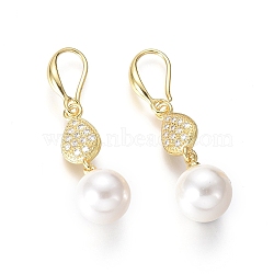 Shell Pearl Dangle Earrings, with Cubic Zirconia teardrop, Beads and Brass Earring Hook, Round, Golden, 40mm, Pin: 1mm(EJEW-G263-12G)