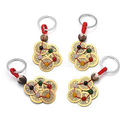 Feng Shui Brass Coins Keychain, with Iron Key Rings, Wood Beads and Natural Agate Beads, Flower and Chinese Characters, Red, 116mm(KEYC-T005-01)
