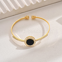 Elegant Adjustable Brass Pave Clear Cubic Zirconia Flat Round Open Cuff Bracelets with Enamel, Real 18K Gold Plated, Black, Inner Diameter: 2-1/8~3-1/8 inch(5.5~8cm)(LT7321)