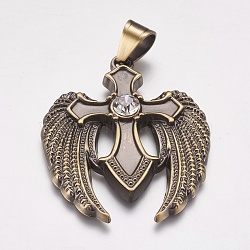 304 Stainless Steel Pendants, with Rhinestone, Wing with Cross, Crystal, Antique Bronze, 39x49x5mm, Hole: 7x9mm(STAS-P225-067AB)