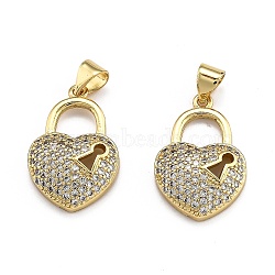 Brass Micro Pave Clear Cubic Zirconia Pendants, Long-Lasting Plated, Heart/Lock, Real 18K Gold Plated, 21.5x14.5x4.5mm, Hole: 3x4mm(X-ZIRC-J025-65G)