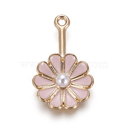 Alloy Enamel Pendants, with Acrylic Imitation Pearl, Flower, Light Gold, Pink, 26x16x5mm, Hole: 1.4mm(ENAM-N047-H01)