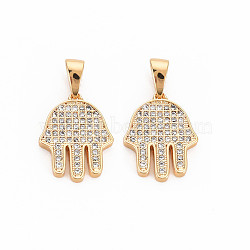 Brass Micro Pave Clear Cubic Zirconia Pendants, Nickel Free, Hamsa Hand/Hand of Miriam, Real 18K Gold Plated, 16x12.5x2mm, Hole: 3x2mm(KK-S364-266)