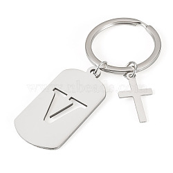 1Pc Stainless Steel Keychains, with Split Key Rings, Rectangle, Stainless Steel Color, Letter V, 72mm(KEYC-TADJ0001-08V)