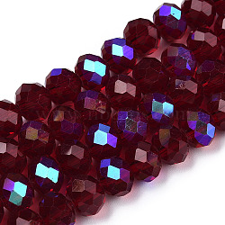 Electroplate Glass Beads Strands, Half Rainbow Plated, Faceted, Rondelle, Dark Red, 6x5mm, Hole: 1mm, about 85~88pcs/strand, 16.1~16.5 inch(41~42cm)(EGLA-A034-T6mm-L21)