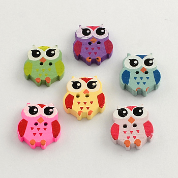 2-Hole Dyed Wooden Buttons, Owl, Mixed Color, 20.5x18x4mm, Hole: 1.5mm