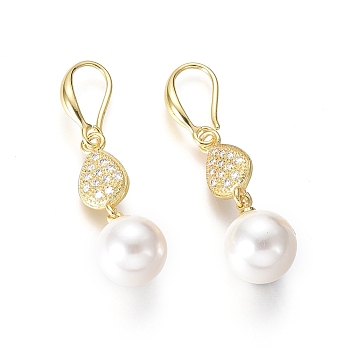 Shell Pearl Dangle Earrings, with Cubic Zirconia teardrop, Beads and Brass Earring Hook, Round, Golden, 40mm, Pin: 1mm
