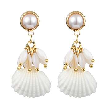 Alloy Dangle Stud Earrings, Natural Shell & Pearl Cluster Earrings, Golden, 40~44x20~21mm