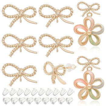 12Pcs Brass Bowknot Stud Earrings Finding, with Vertical Loops & 925 Silver Pin & 20Pcs Plastic Ear Nuts, Real 18K Gold Plated, 9x14mm, Hole: 1mm, Pin: 0.6mm