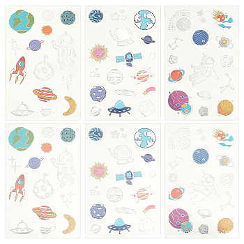 6 Sheets 3 Style Body Art Tattoos Stickers, Removable Temporary Tattoos Paper Stickers, Universe Themed Pattern, 12x7.5x0.02cm, Sticker: 5~38.5x5~35mm, 2sheets/style