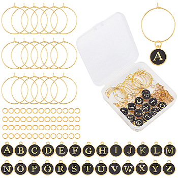 DIY Wine Glass Decoration Making Kits, Including 1 Set Flat Round with Alphabet Alloy Enamel Charms, 26Pcs Brass Wine Glass Charm Rings and 60Pcs Iron Jump Rings, Golden, Black, 14x12x2mm, Hole: 1.5mm