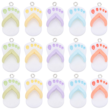 20Pcs 5 Colors Opaque Resin Pendants, Flip Flops Charms, with Platinum Plated Iron Loops, Mixed Color, 31.5x16.5x10.5mm, Hole: 2mm, 4pcs/color