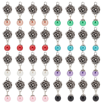 Elite Glass Pearl & ABS Plastic Imitation Pearl Round Pendants and Tibetan Style Findings, Rose, Antique Silver, Mixed Color, 30mm, Hole: 2mm, 8pcs/set, 4 sets/box