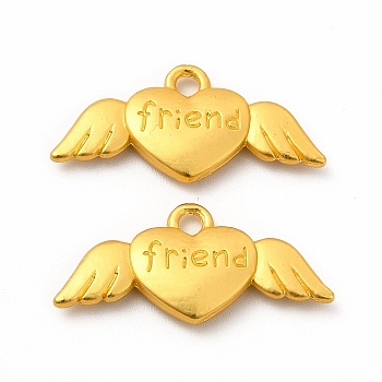 Rack Plating Alloy Pendants, Heart with Wing & Word Friend Charm, Matte Gold Color, 12.5x27x3.2mm, Hole: 2mm