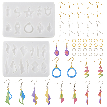 2Pcs 2 Style Fish & Star & Teardrop Silicone Pendant Molds, with 40Pcs Brass Earring Hooks, 40Pcs Iron Jump Rings, Platinum & Golden, 120~130x30~95x5.5~7mm, Hole: 1.5mm, Inner Diameter: 22.5~44x6.5~18mm, 1Pc/style