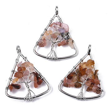Natural Carnelian/Red Agate Big Pendants, Wire Wrapped Pendants, with Brass Wires, Triangle & Tree, Platinum, 40x30.5x5~10mm, Hole: 4.5mm