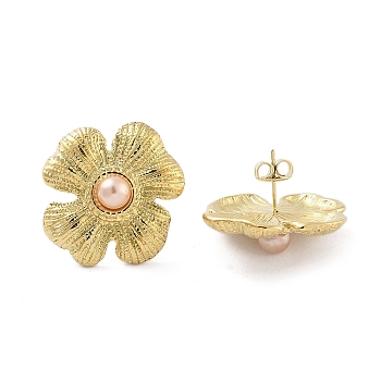 Flower Real 14K Gold Plated 304 Stainless Steel Stud Earrings, with Natural Shell Beads, Seashell Color, 25x25mm