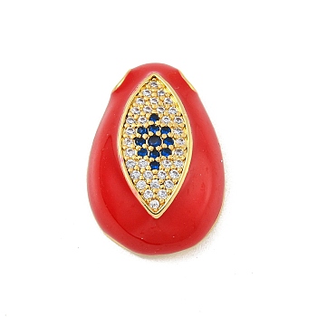 Rack Plating Brass Micro Pave Cubic Zirconia Pendants, Long-Lasting Plated, Cadmium Free & Lead Free, with Enamel, Teardrop with Eye, Real 18K Gold Plated, Red, 22x15x6.7mm, Hole: 2.5x2.5mm