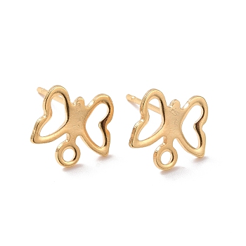 201 Stainless Steel Stud Earring Findings, with Horizontal Loop and 316 Stainless Steel Pin, Butterfly, Real 24K Gold Plated, 9x10mm, Hole: 1.4mm, Pin: 0.7mm