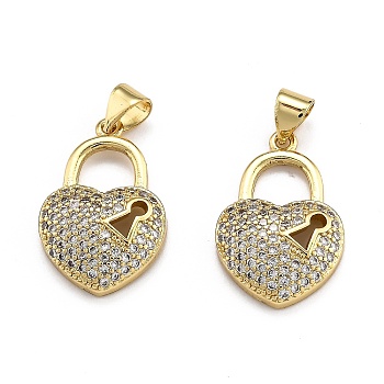 Brass Micro Pave Clear Cubic Zirconia Pendants, Long-Lasting Plated, Heart/Lock, Real 18K Gold Plated, 21.5x14.5x4.5mm, Hole: 3x4mm