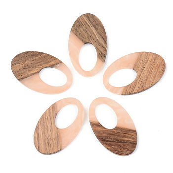 Opaque Resin & Walnut Wood Pendants, Oval, Light Salmon, 35.5x21.5x3mm, Hole: 16x10mm