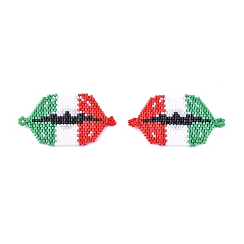 Handmade Seed Beads Links Connectors, with Elastic Thread, Loom Pattern, Lip with Flag of Italy, Colorful, 27x47.5x1.5mm, Hole: 2.5mm