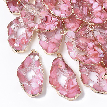 Resin Pendants, Imitation Geode, with Shell and Edge Light Gold Plated Iron Loops, Nuggets, Pink, 39x20x5mm, Hole: 1.8mm
